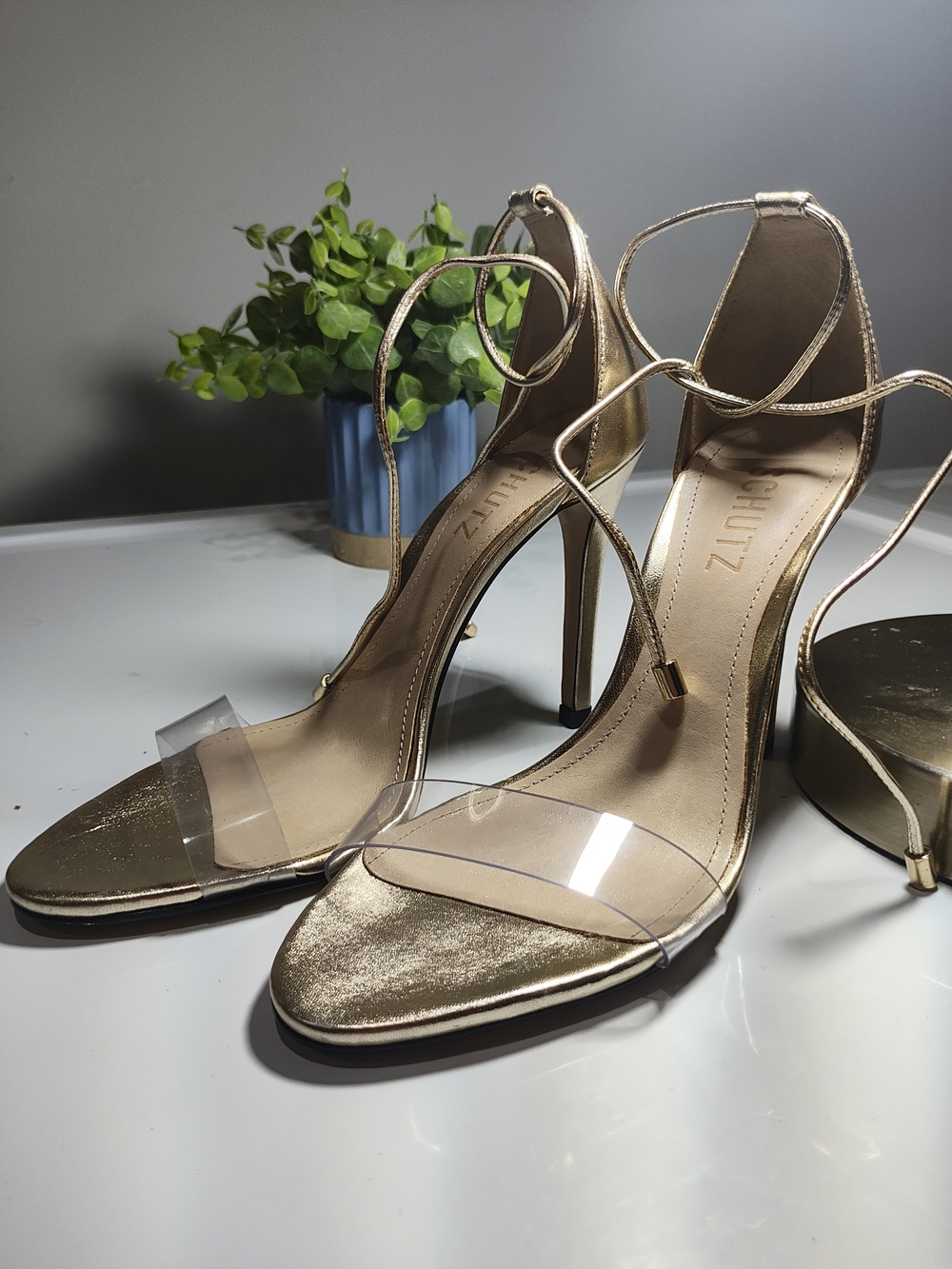 SCHUTZ Metallic Gold Strappy High Heels